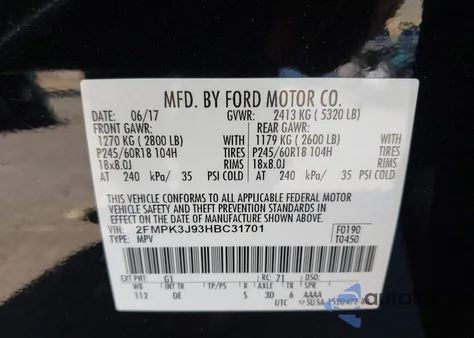 2017 Ford Edge Sel из США, поврежденный, VIN 2FMPK3J93HBC31701